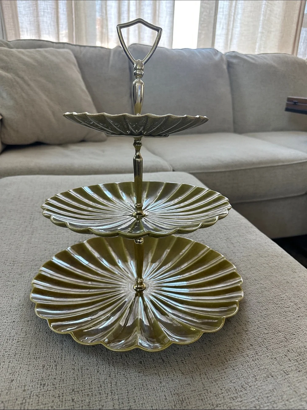 Vintage MCM California Pottery 3-Tier Serving Stand - Pearlized Olive Gold- C603